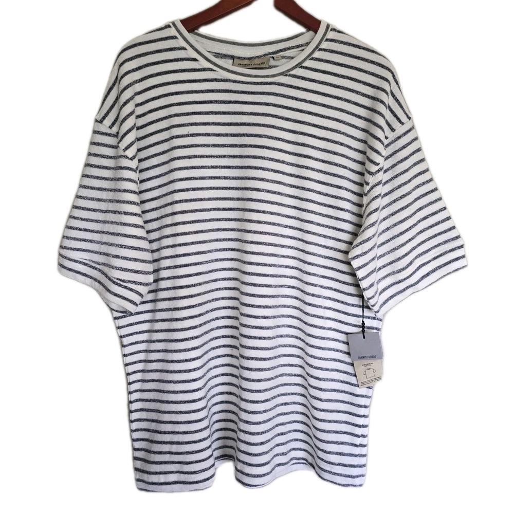NEW Amongst Others Mens Cream Striped Crew Neck T-Shirt Boxy Fit Drop Shoulder M